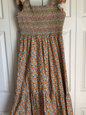 English Factory Blue and Orange Floral Smocked Sundress
